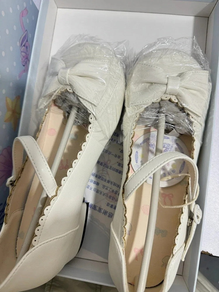 Low-heel Trim with Sweet Bow Mary Lolita Scalloped Accent White Janes