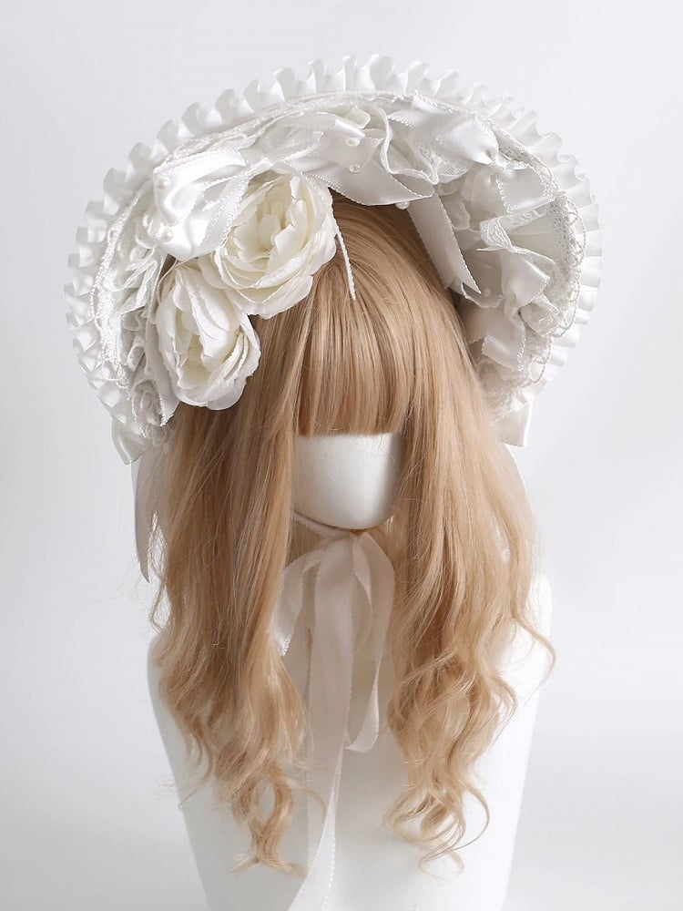 Rose Bonnet Blanc Détails en Nœud de Satin avec Volants Dentelle