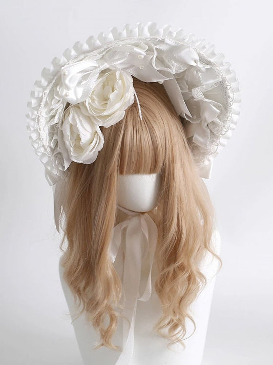 Rose Bonnet White Accents Satin Bow Lace with Ruffled