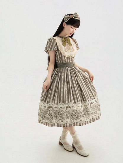 Bodice Pattern and Bowknot Lolita Piece Classic Embroidery Version Brown Long One Striped Floral