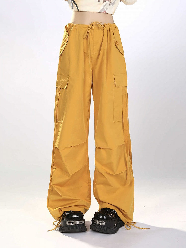 Yellow Cargo Wide-Leg Pants with Drawstring Accents Mustard