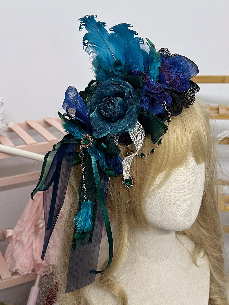 Feather Charm Lolita Green Hairclip Bow Peacock Double-Layer