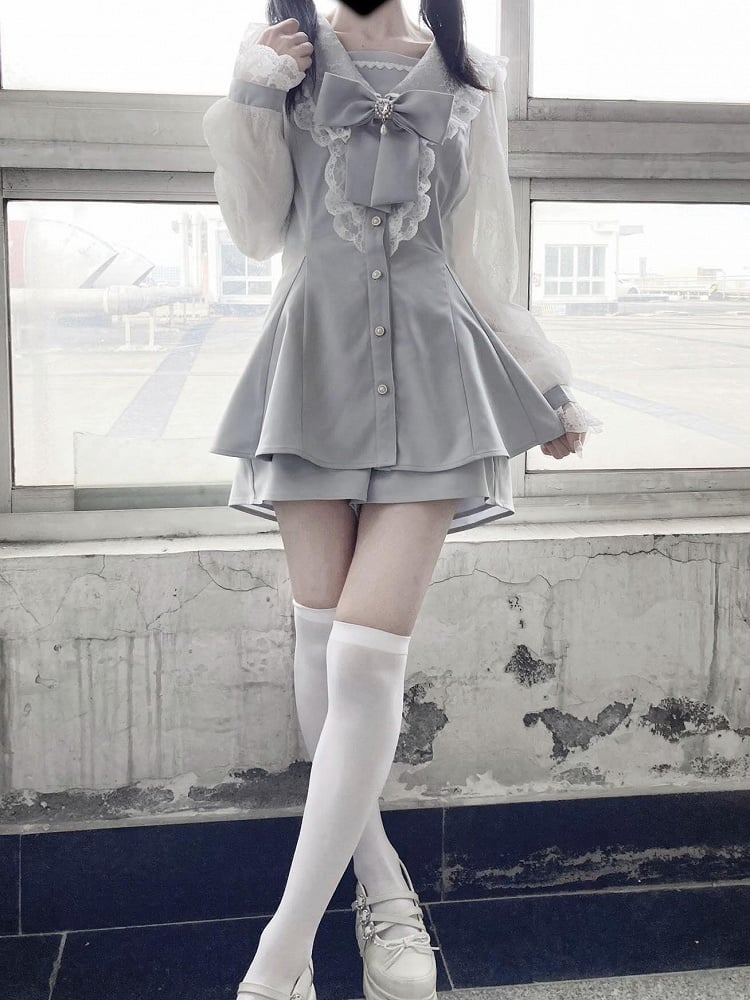 Light Mini Fresh Set: Kei Bow Blue Mesh-Sleeve Shorts Jirai and with Sailor Dress Detachable