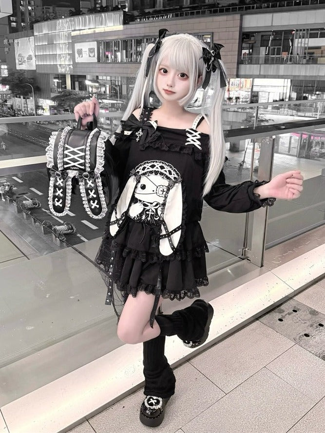 Jirai-kei Black Off Shoulder Long Sleeve Top with 3D Bunny Ears, Lace & Bows - Puppet Bombs
