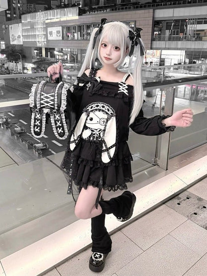 Asymmetrical Spiderweb Motif Jirai-kei Dark Skirt - Puppet Bombs