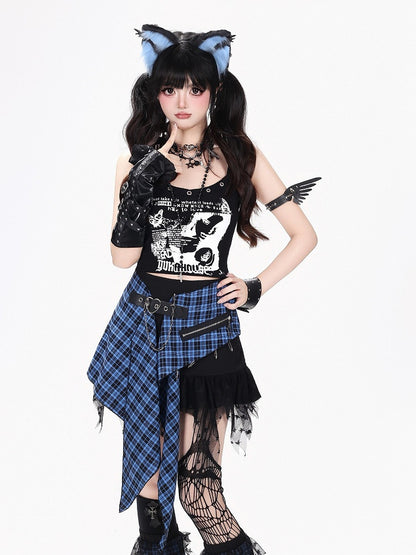 Blue Black Plaid Asymmetric Skirt with Zipper - CRAZY GIRL