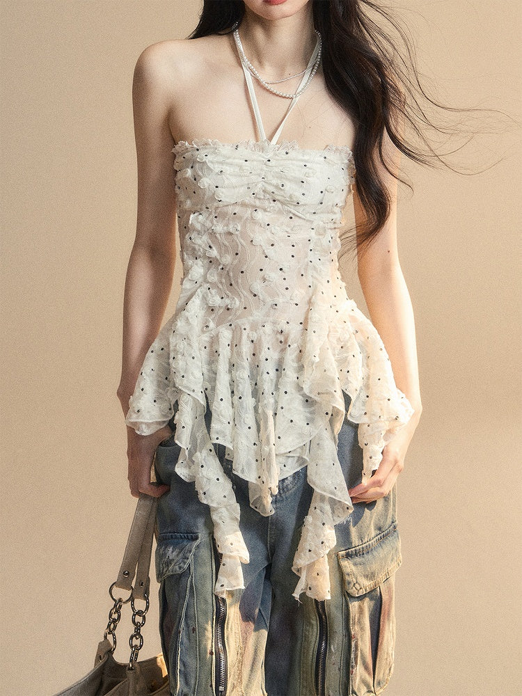 Volant Saum Weiß Glamourös Neckholder Polka Dot Top Muster Asymmetrische Trägerlosen