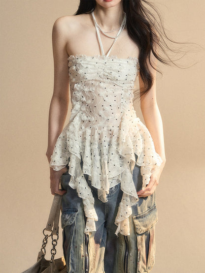 Volant Saum Weiß Glamourös Neckholder Polka Dot Top Muster Asymmetrische Trägerlosen