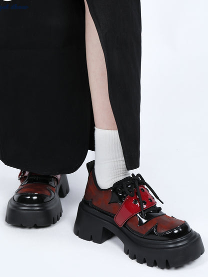 Sole Black Platform Chunky with Buckle Design Shoes Details Lace-up Red Vamp - Studs Punk