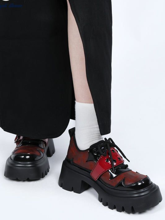 Sole Black Platform Chunky with Buckle Design Shoes Details Lace-up Red Vamp - Studs Punk