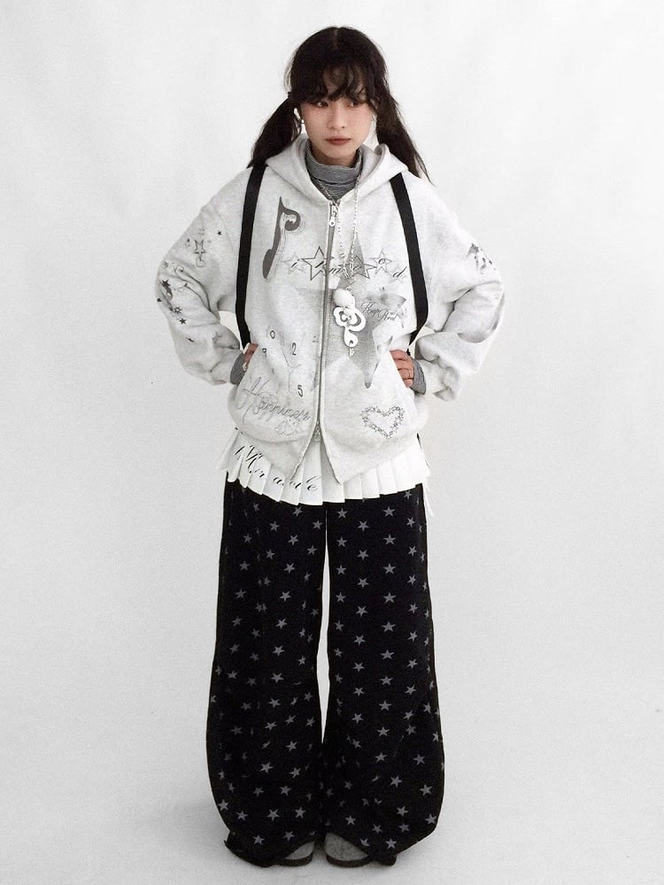 White White Y2K Star Print Layered Pleated Mini Skirt - innomoood innomoood | LilyVow