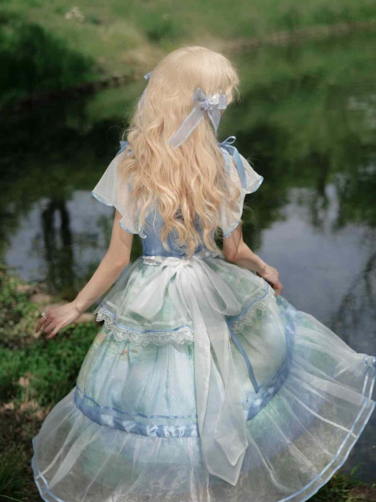 Sleeves One Oil Piece Water Lily Print Sky Square Neckline and Painting Blue Flutter