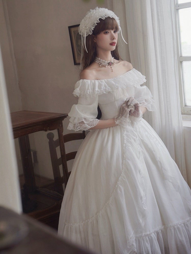 Baskenkleid mit Stäbchen, elastisch, weiß, klassische Taille, ganzer Lolita-Ausschnitt