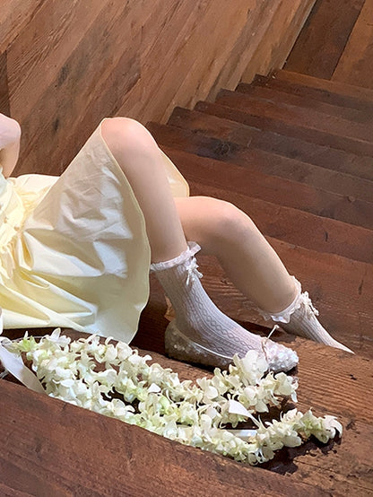 Decorated Lace Beaded White Bowknot Trim Socks