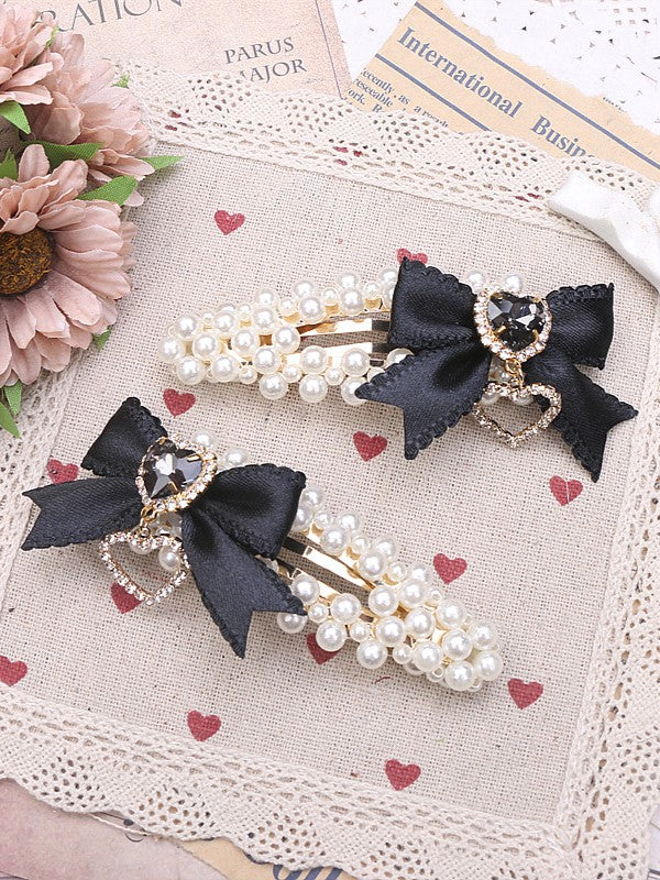 Rhinestone Heart Jirai Bowknot Kei Pearl Hairclip Black/Pink