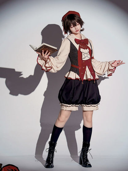 Black and Red Ouji Fashion Preppy Style Full Set-Beige Shirt + Red Waistcoat + High Waist Knickerbockers Shorts + Shawl+ Accessories