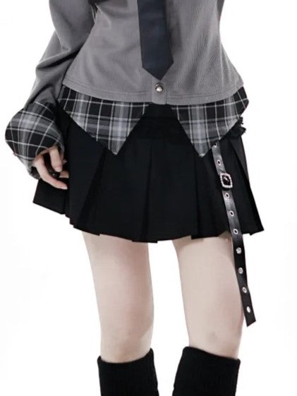 Skirt Box Accents Core Pleat Cross Edgy Black with Metal - Academic Gothic