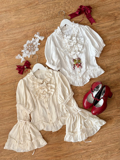 Ruffled Beige & White Shirt with Bowknots & Detachable Bell Sleeves - Currant