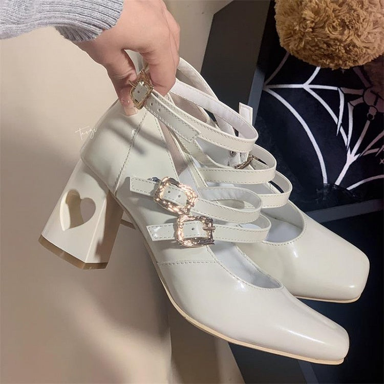 - with Heart Straps Mid Elegant Heels Cutout White PU Lolita Buckle Triple Heel Leather