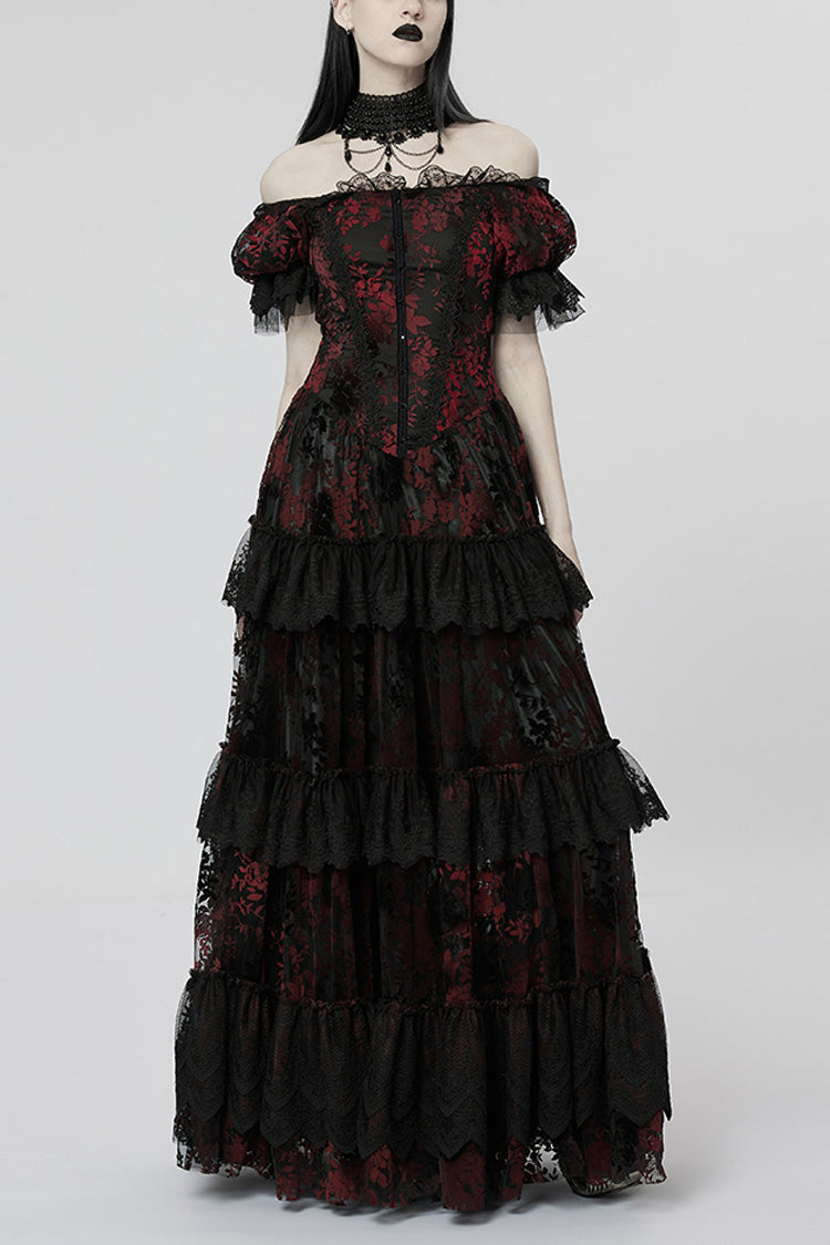 Short Puff Sleeves Print Ruffle Lace Women's Gothic Dress