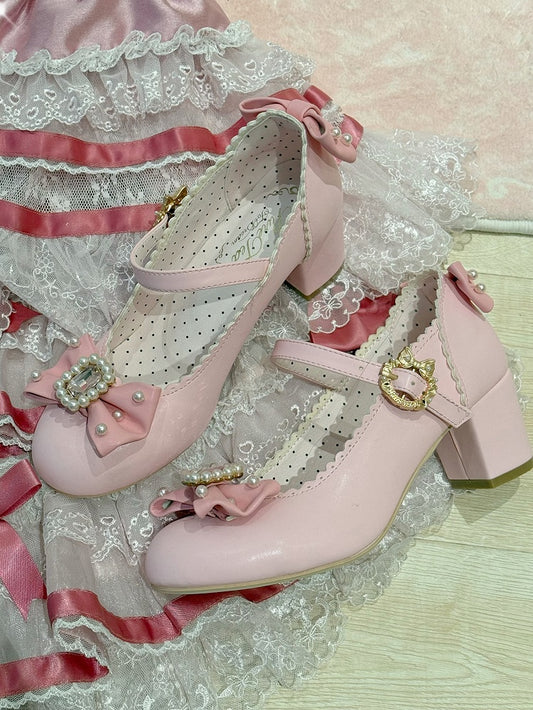 ジェーンズ ボウノット ラインストーン装飾 ラウンド メアリー ロリータ ディテール ビーズトゥ ピンク