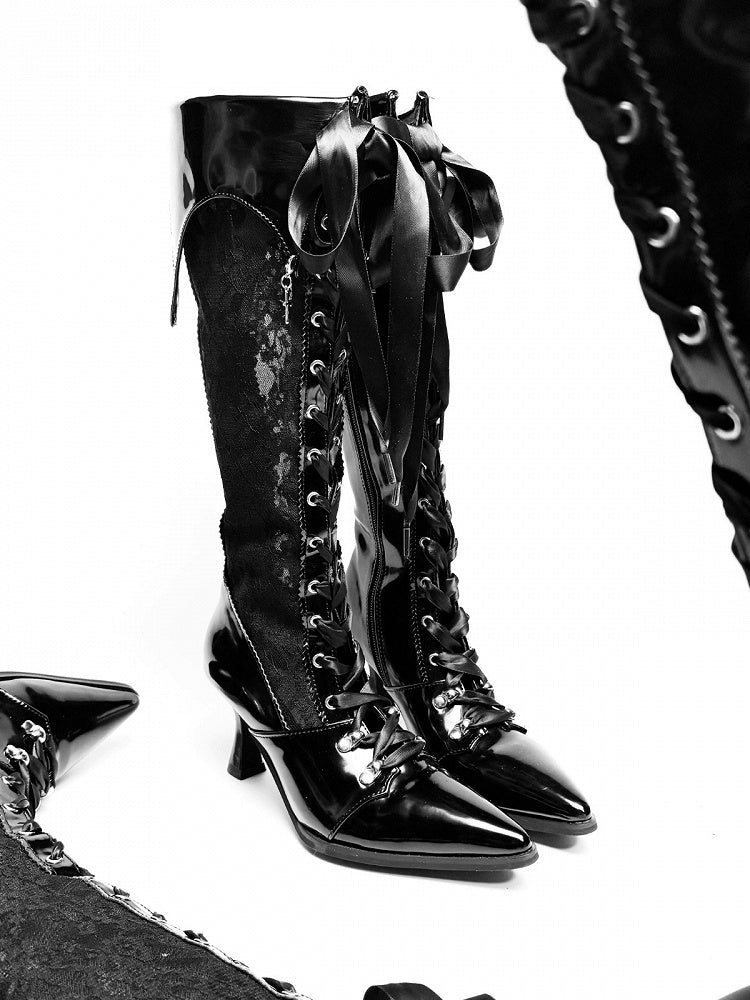 Gothic Lolita Embroidered Lace Witch Pointed Toe High Heel Boots - EvilStar
