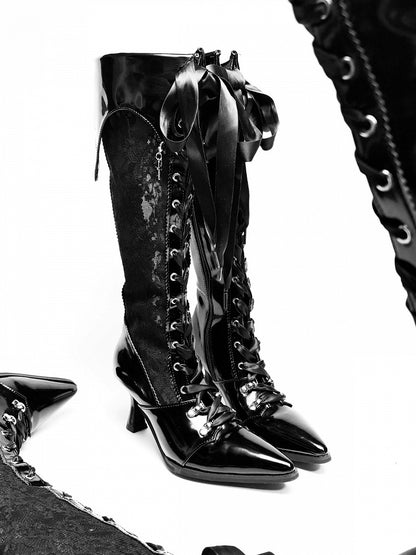 Gothic Lolita Embroidered Lace Witch Pointed Toe High Heel Boots - EvilStar