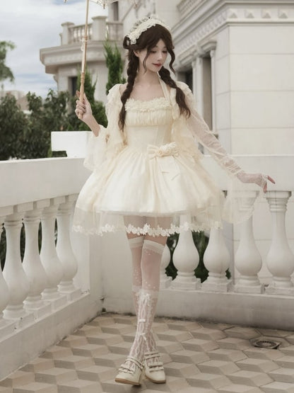 Waist Dress Boned Bow Flower Basque Elegant Detachable Hairband Neck Beige + Self-tie Halter