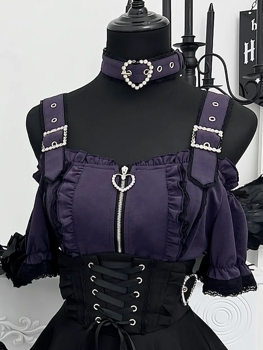 パープル、ショートスタイルチョーカー、ジライケイ、オフショルダーネックライン、ランドマイントップ、フリースリーブ