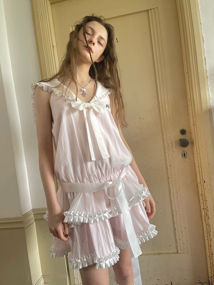 Dress with Bow and Ruffle Trim Waist Pink Tiered Sailor Collar Dropped