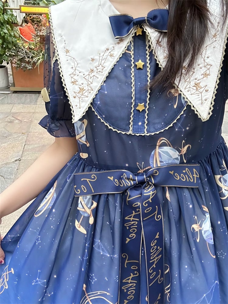 Navy Blue Celestial Globe & Starry Bow Accents Flounce Hem Lolita Dress