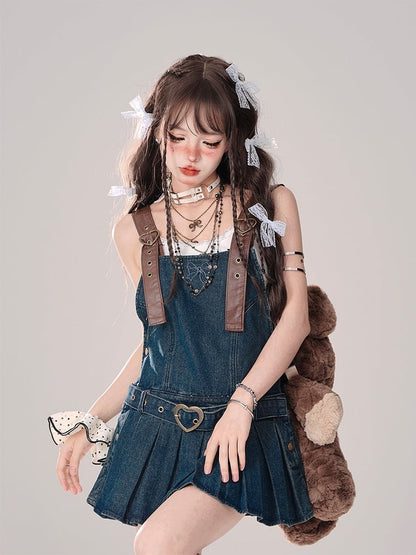 Pleat Skirt Bittersweet Blue Denim Overall Dress Box with Heart-Shaped Buckles