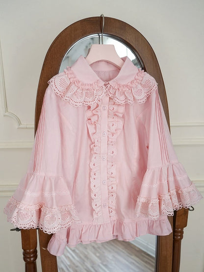 ピンクのラウンドフラットカラーベルスリーブコットンブラウス