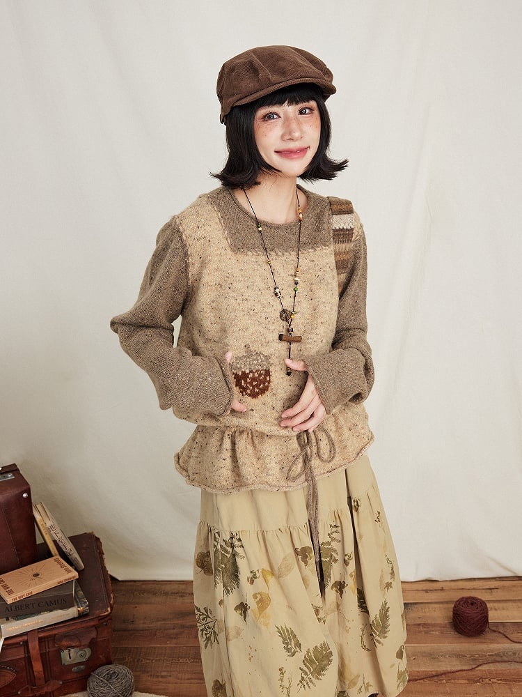 Drawstring Two-Piece Coffee Sweater Mock Pinecone Waist Kawaii Print with Vintage