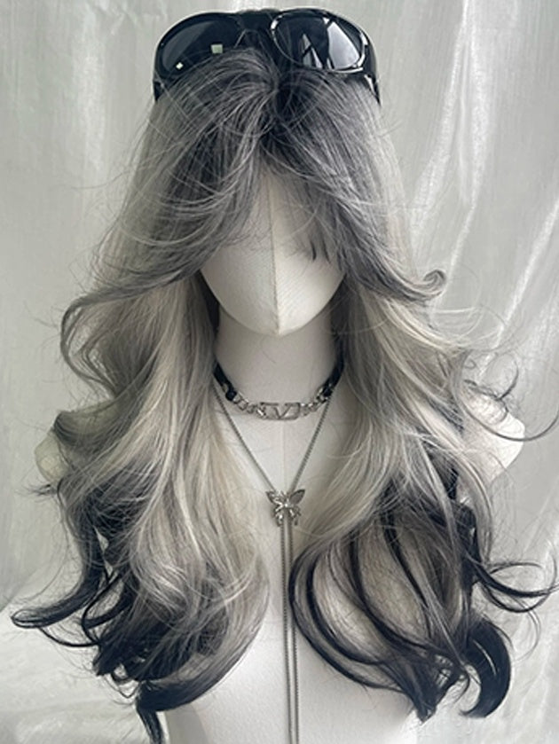 Black And White Highlights Waist Length Wavy Synthetic Wig With Bangs