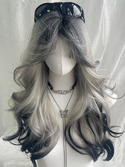 Black And White Highlights Waist Length Wavy Synthetic Wig With Bangs
