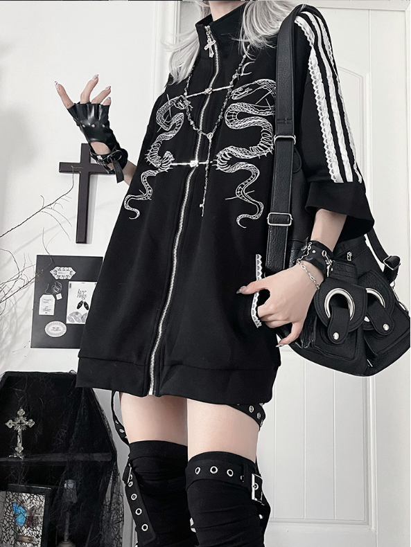 Sleeves Cheongsam EmbroideryStriped White Style Black Gothic Tracksuit Jacketwith Short Snake