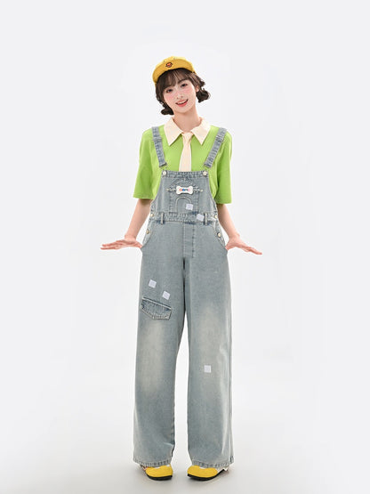 ライトブルーのハイウエストの愛らしい動物のアップリケデニムオーバーオール