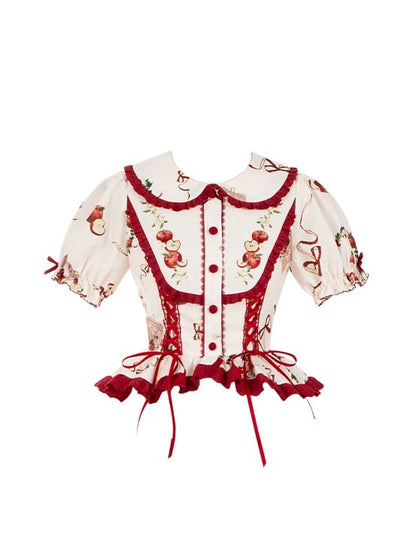 レッドのレースアップディテール、アップルとプリントの半袖トップス