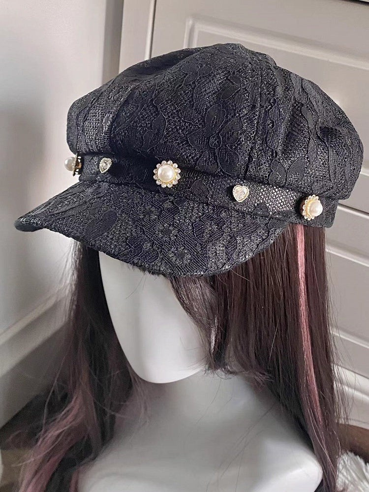 Bead Kei Black Eight-panel Embellishment Hat with Beret Rhinestone Lace Jirai