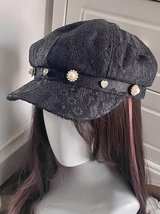 Bead Kei Black Eight-panel Embellishment Hat with Beret Rhinestone Lace Jirai