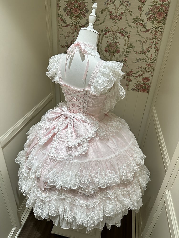 Trim Pink Decor With Lolita JSK Hanayome-Style Dress Lace Multi-Layer Bow