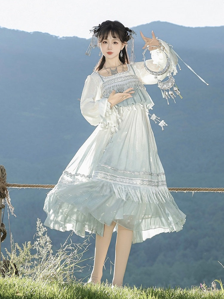 Square Neck Long Sleeve Han-Element Top in Light Blue with Tassel Dress Combo - Han Ru Chu Hanfu & Han-Element Studi