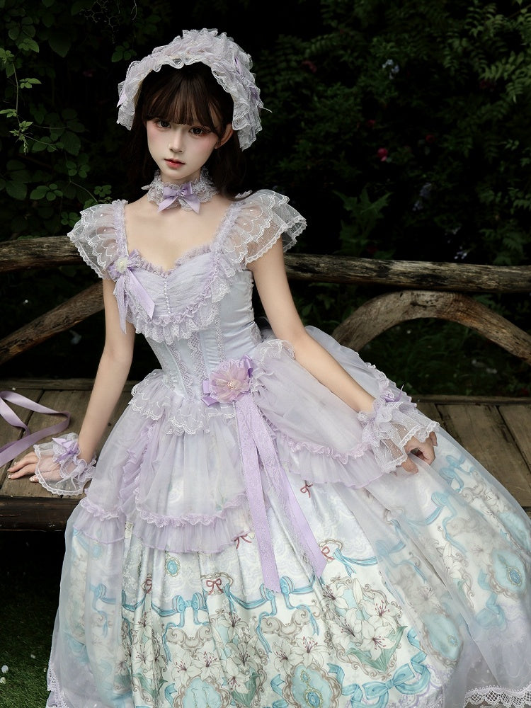 Purple Lily Print Lolita JSK Gown with Tulle Overlay and Back Bow Set - White Sugar Girl
