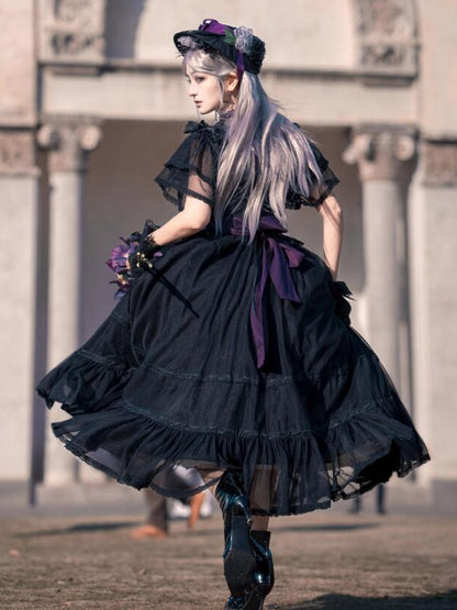 Lolita Schmetterlingsgürtel Schwarzes Kleid Taille Elegant Klassisch mit Ärmeln Illusion Ausschnitt Lila Edward