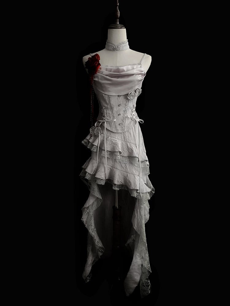 Asymmetric High-Low Skirt with Cascading Ruffle Trim in Silver Gray - With PUJI
