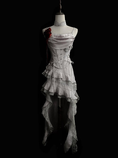 Asymmetric High-Low Skirt with Cascading Ruffle Trim in Silver Gray - With PUJI