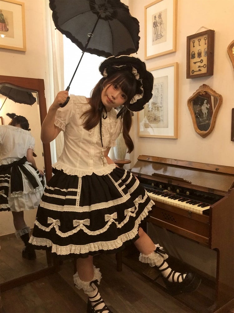 Black & White Bow Lace-Trimmed Skirt - Hana Studio