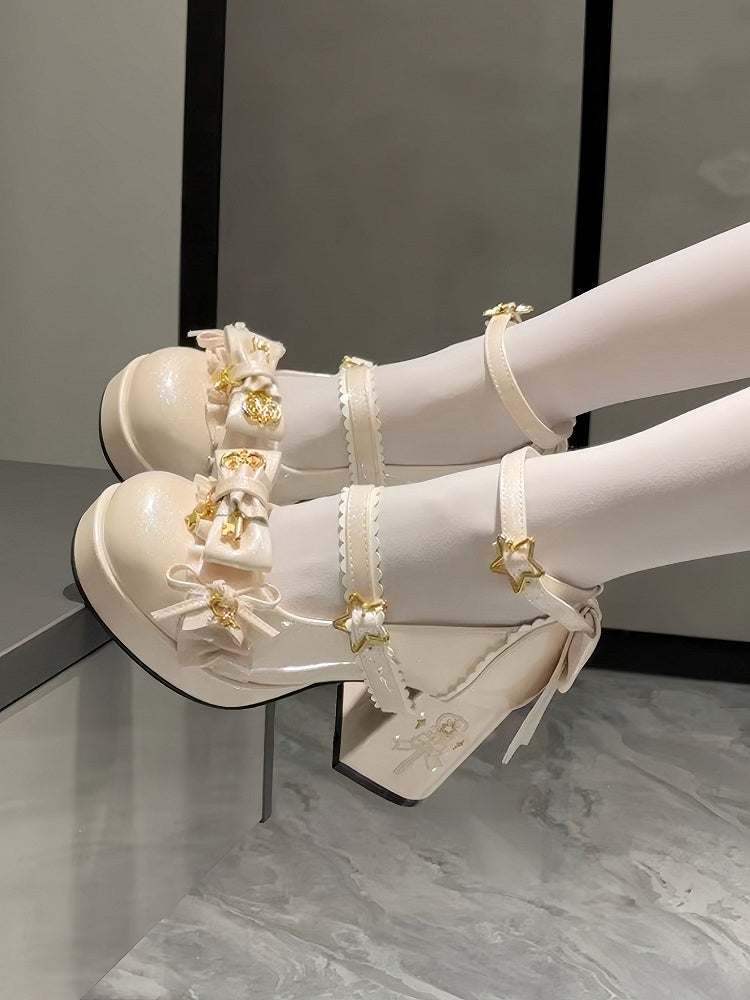 Beige High-heel Lolita Heel Starry with Closure Magic Embroidery Shoes Hime Wand Snap