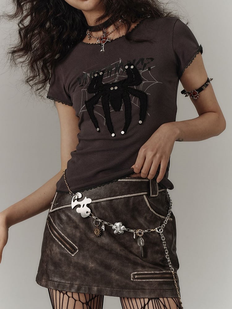Zippers Flap Vintage Pockets Punk Coffee Skirt PU Asymmetrical Back with Mini